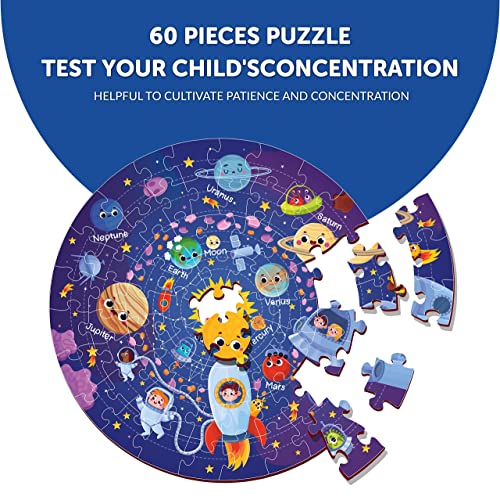 Image of Mini Leaves 60 Piece Wooden Puzzle for Kids & Adults - Round Space Jigsaw - Fun & Challenging Floor Game - Gift With Box - Safe & Durable Educational Toy