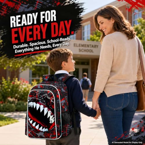 Image of 3Pcs Boys Backpack, 17 inch Shark Bookbag for Elementary Preschool Kindergarten, Kids School Backpacks with Lunch Box (Red)