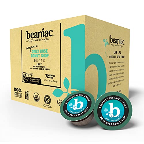 Beaniac Organic Daily Dose Donut Shop, Light Roast, Single Serve Coffee K Cup Pods, Rainforest Alliance Certified Organic Arabica Coffee, 72 Compostable Coffee Pods, Keurig Brewer Compatible #TOP3