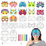 Theiuaoqwe 24 Stück Masken zum Bemalen Tiermasken zum Bemalen Dino Masken Unterstützt Handgezeichnete Designs Geeignet für Geburtstagsfeiern Kostümfeste Karneval Halloween usw