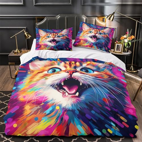Housse de couette chat 3D anti-plis lit king parure microfibre facile à laver - 4