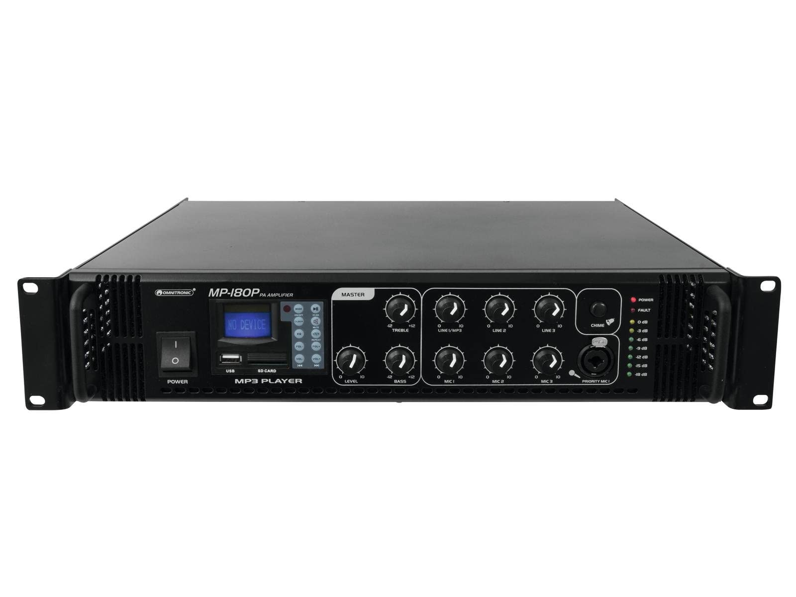 OMNITRONIC MP-180P ELA-Mischverstärker | ELA-Mono-Mischverstärker mit MP3-Player und IR-Fernbedienung, 180 Watt