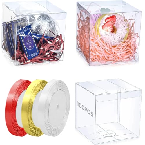 La mejor comparación de Plástico transparente Top 10. 48 100 Cajas de Regalo Transparentes de Plástico con 3 Cintas-Cajas de Plástico PET de Caramelo 5x5x5 Cm, Cajas de Acetato, Cajitas para Dulces, Para Regalos De Fiestas, Bodas,...
