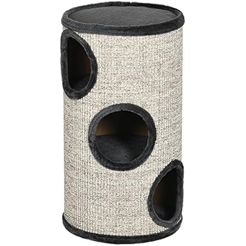 PawHut Kratztonne, Höhe 70 cm, Spieltonne für Katzen, 3 Ebenen, Katzenkratzbaum mit 3 Höhlen, Katzenbaum, Kratzturm aus Sisal, Katzenmöbel, Plüsch, Grau Cover