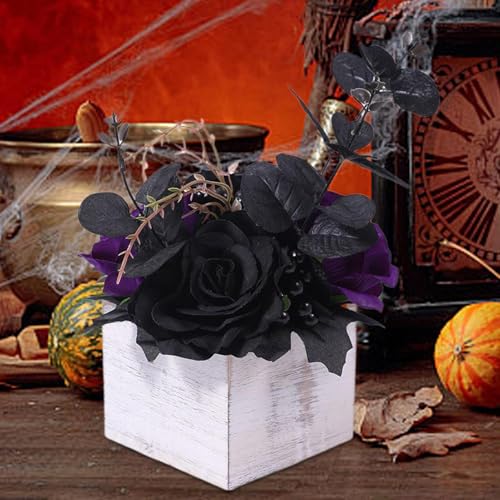 Flores de Halloween artificiales con jarron de madera para centros de mesa de hotel y hogar 4