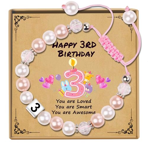 Sereney 3 Year Old Girl Birthday Gift, Adjustable Pink White Pearl Bracelet as 3yr Three Year Old 3rd Birthday Gifts for Teen Girls Daughter Niece Granddaughter