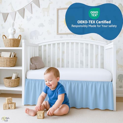 Image of Cottington Lane Light Blue Infrant Crib Bed Skirt Dust Ruffle with Split Corner, 100% Natural Cotton Nursery Crib Toddler Bedding Skirt for Baby Girls or Boy, Fits Standard Cribs 28 inchx52 inch with 14 inch Drop