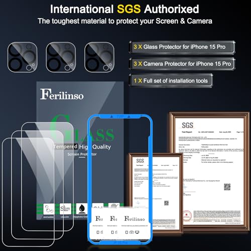 Image of Ferilinso 3 Pack Screen Protector for iPhone 15 Pro, Tempered Glass, HD