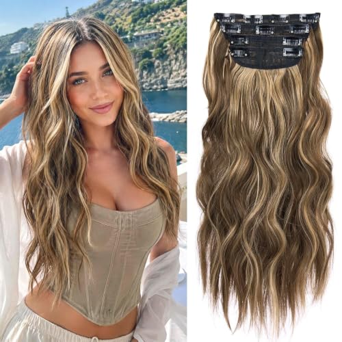 4PCS Clip in Hair Extensions Honey Blonde Mixed Light Brown 20 Inch Long Wavy Synthetic Hair...