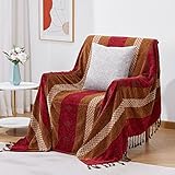 amorus Throw Blankets, Chenille Jacquard Tassels Boho Sofa Cover for Couch Bed, Decorative Sofa Slipcover Protector - Colorful Tribal Pattern (Red Tribal Pattern, 60 * 75 inch)