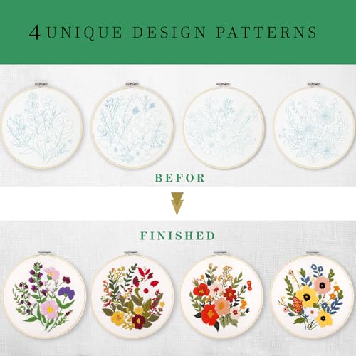 Image of SevFan 4 Sets Embroidery Kit for Beginners Adults,Needlepoint Kits for Adults with Easy Stamped Floral Pattern Fabric Hand Crafts,Bamboo Hoop,Needle,Cloth,Embroidery Kit for Decor Home Room (flower-3)