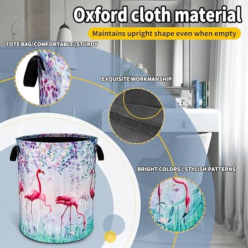 Image of Flamingo Flowers Laundry Basket Foldable Waterproof Hamper 18.9 x 16.5 Inch | Oxford Cloth With Reinforced Handles Lining Design Large-Capacity Storage For Bathrooms /Laundry Rooms / Living Rooms /Bedrooms