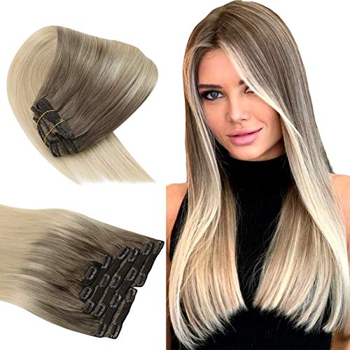 Sunny Blonde Balayage Clip Hair Extensions 20 inch Clip in Human Hair Extensions Golden Brown to Blonde Balayage Hair Extensions Clip in 120g 7pcs