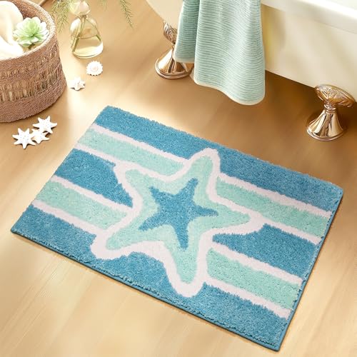 Light Blue Beach Bathroom Rugs Non Slip Washable Small Cute Coastal Bath Mats Rugs for Bathroom Floor Nautical Fluffy Plush Soft Absorbent Farmhouse Carpet for Shower, Tub, 18x24 inch Sea Sh