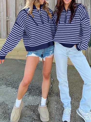 Image of ANRABESS Sweaters for Women Striped Half Zip Long Sleeve Ribbed Knit Pullover Comfy Casual Lightweight Tops 2026 Fall Fashion