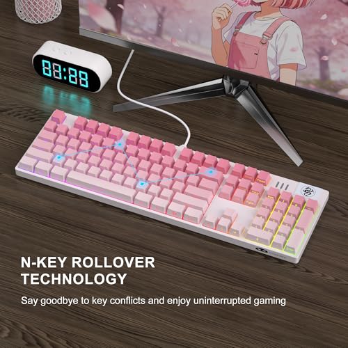 Image of MageGee MK-Storm Mechanical Gaming Keyboard, 104 Keys Wired Light Up Keyboard with Linear Red Switch, RGB Backlit, Side-Printed Keycaps, N-Key Rollover for Laptop, Desktop, PC (Gradient Pink)