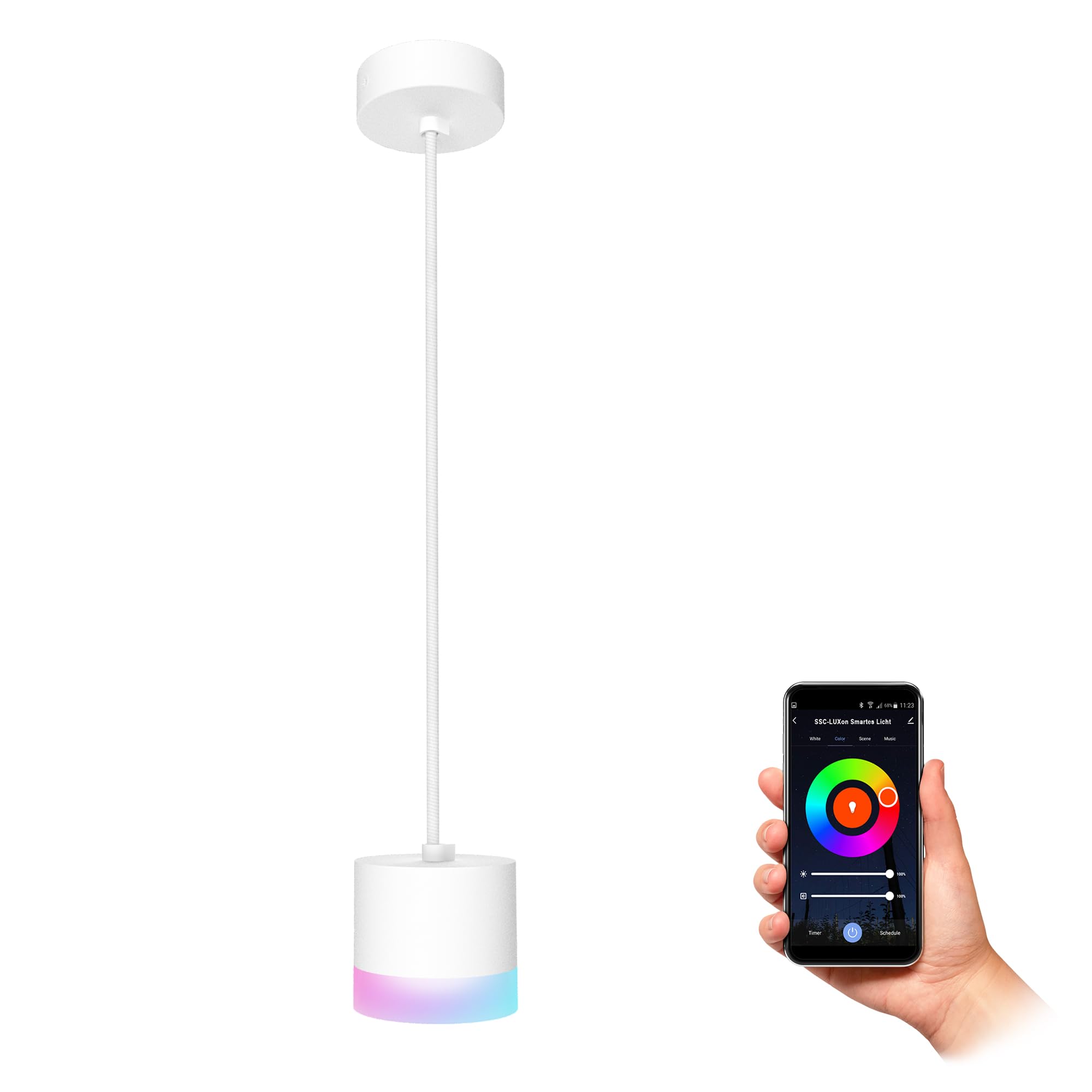 SSC-LUXon VORA Pendelleuchte weiß Smart Home GX53 LED WLAN RGBW App | Hängelampe mit RGB-Farblicht - per App & Sprache steuerbar, Leuchtring, höhenverstellbar für Esstisch, ohne Bridge