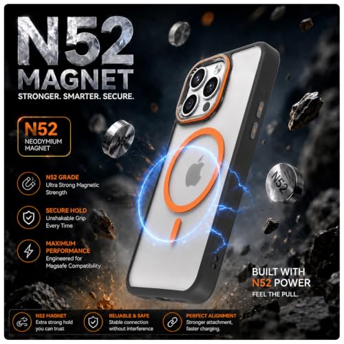 Image of Pikkme Back Cover for iPhone 15 Pro | Shockproof | Mag-Safe Compatible | Hard Transparent Back | Premium Raised Camera Protection | Bumper Case (Black & Orange Mag-Safe)