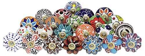 FOLK CRAFT Kitchen Cabinet Knobs - Pack of 30 - Indian Countryside Colorful Assorted Ceramic Drawer Pull Handle Dresser Cupboard Wardrobe Knob Boho Room Interior Decor - Multicolor