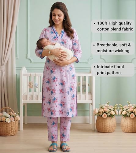 Image of DUMMY SHAPE Maternity Dresses for Women Cotton | Floral Kurta Pant Dupatta Set with Nursing Zippers, Side Pocket | Pre & Post Pregnancy | Feeding Kurti Suit | Baby Shower | Gifts for Pregnant Woman