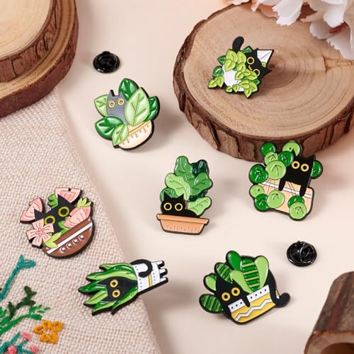 Image of 7Pcs Cat Enamel Pins for Backpacks, Cute Cartoon Black Cat with Green Potted Plant Enamel Brooch Pins, Pet Animal Kitten Brooch Badges for Bags Hats Jacket Clothes Decorative Supplies