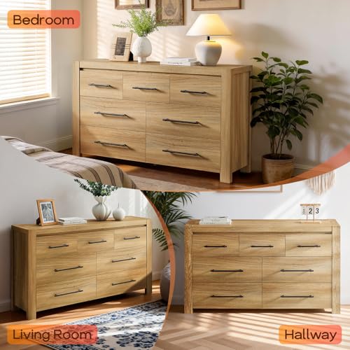 Image of 7 Drawer Dresser for Bedroom, 57.4 inch Wide Modern Chest of Drawers, Wooden Large Storage Cabinet with Sturdy Construction, TV Stand for Living Room, Hallway, Dining Room, Office (Natural Oak)