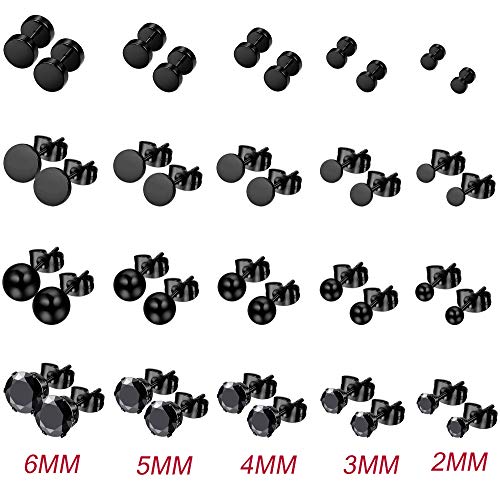 Loyallook 40Pairs Silver Black Tone Stainless Steel Stud Earring For Men Women Cz Round Ball Earring Piercing Set,2-6Mm #TOP6