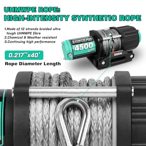 Image of 4500lbs ATV /UTV Winch with Synthetic Rope, Electric Boat Trailer Winch 12V, Waterproof Winch with 2 Wireless Remotes &Wired Switch,with Mounting Plate,Aluminium Fairlead