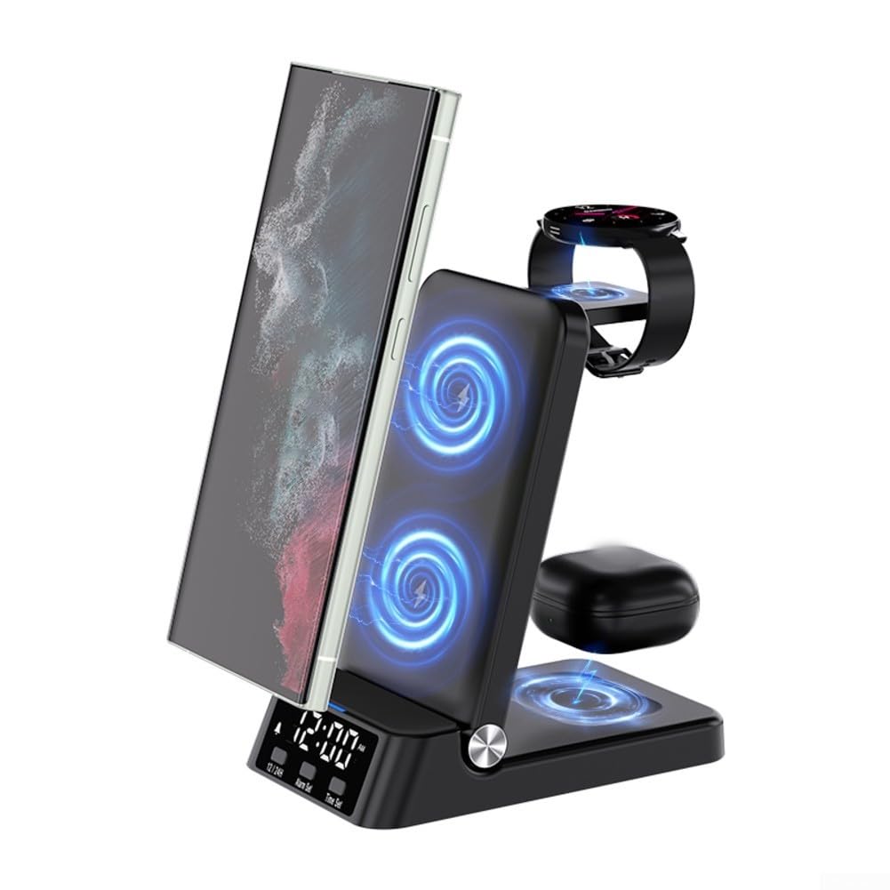 Chargeur sans fil pour Samsung, station de charge sans fil 3 en 1 pour téléphones Samsung, écouteurs et montres avec horloge, pour support de chargeur de téléphone portable Samsung (noir)