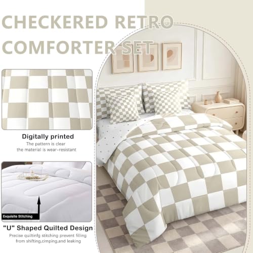 Image of Feelyou Checkered 7 Piece Bedding Set Teen Women Men Beige Plaid Comforter Set with Sheets Queen Size Kids Boys Cute Retro Neutral Checkerboard Geometric Bed in a Bag Vintage Aesthetic Room Decor