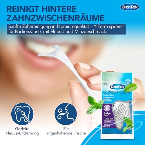 1 x 30 Stk. Dentek Comfort Clean Zahnseide Sticks, speziell für Backenzähne - Zahnreinigung der hinteren Zahnzwischenräume - Minzgeschmack - Fluorid - Zahnstocher , 30 Stück (1er Pack)