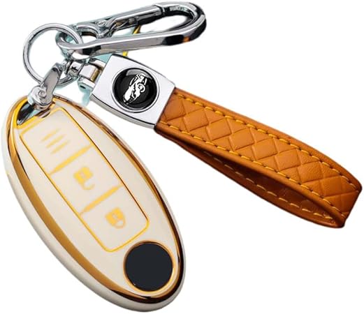 Amazon ノーブランド品 キーチェーン付き車のキーカバー 3ボタン装飾リモートキーシェルキーリング 白 キーケース キーホルダー 車 バイク