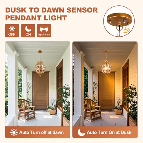 Dusk to Dawn Aluminum Outdoor Pendant Lights for Porch Garage, Vintage Globe Pendant Lighting Outside Gold Hanging Light Fixture with Amber Glass, Waterproof Exterior Chandelier, 2 Pack