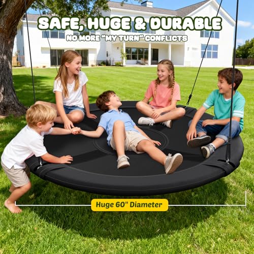 Image of Trekassy 60 inch Large Saucer Tree Swing for Kids Adults 900D Oxford Waterproof with 2pcs Hanging Straps-Black