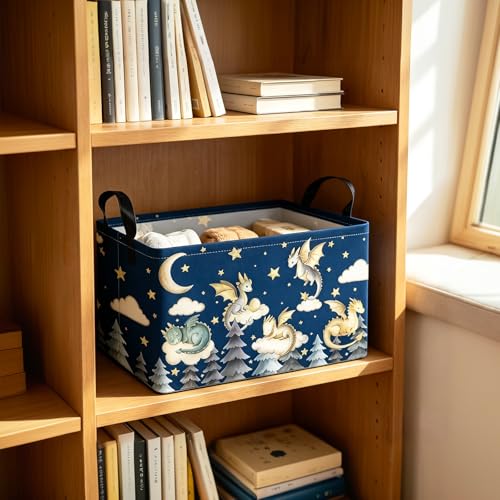 Image of Rectangular Dragon Storage Bin, Medium Fabric Closet Organizer Basket | Moisture repellent textile, reinforced carry grips, collapsible holder tidies cabinet and teenage bedroom belongings