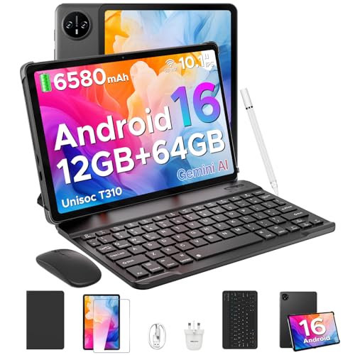 DOOGEE TAB A9 Newest Android 16 Tablet, 10 inch With Gemini AI, 12GB+64GB/2TB TF& Unisoc T310, 6580 mAh Battery, 5G WiFi+GMS+BT5.0+Face ID, 3.5mm Jack, Tablets with Keyboard, Pen, Mouse& Case- Black