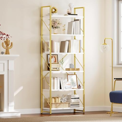 DWVO 6 Tier Bookshelf Tall Bookcase, Modern Gold Book Shelf, Open Display Storage Rack Shelves for Living Room/Bedroom/Home/Office/Kitchen, White & Gold