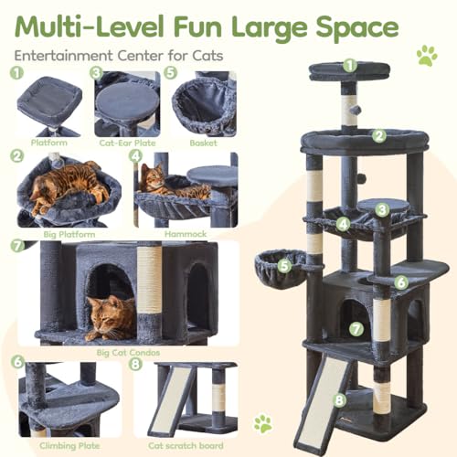 Image of Taoqimiao 72 Inches Cat Tree for Large Cats, Multi-Level Tall Cat Tower, Widened Cat Condo with Large Scratch Board, 5 Scratching Posts, Metal Hammcock, Cozy Basket, Smoky Gray, MS045G