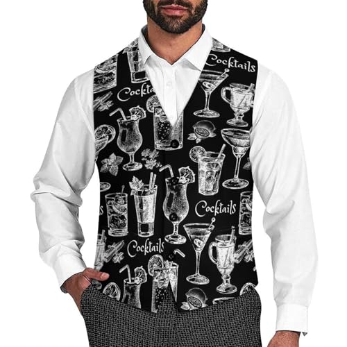 Hand Drawn Sketch Cocktails Men's Suit Vest Slim Fit V-Ncek Waistcoat Business Casual Vest