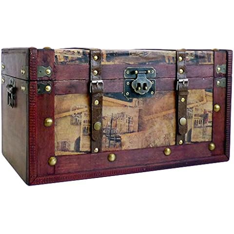 Fine Gifts UK Deluxe Vintage Style Wooden Storage Trunk Chest, Dimensions approx 42x25x23 cm - Gift idea for Christmas, Birthday, Toy Box, Tidy Storage Cover