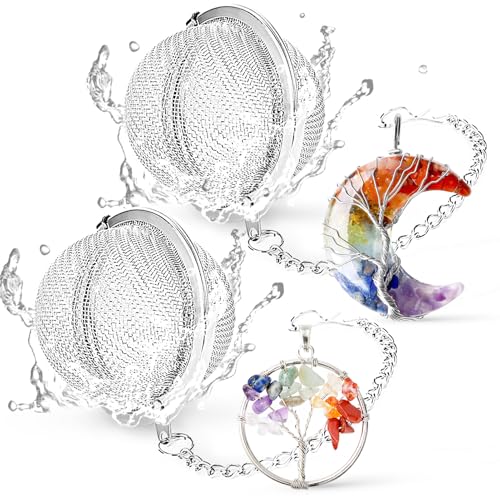 TeaSanavie 7 Chakra Healing Crystal Tea Infuser Set - Reiki Quartz Gemstone Wire Wrapped Crescent Moon & Tree of Life Pendants, Stainless Steel Loose Leaf Tea Steeper