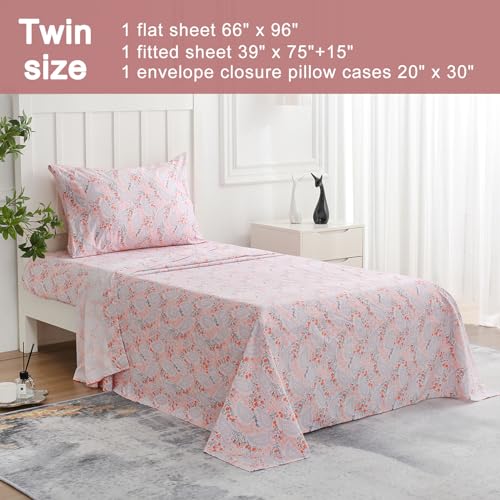 Image of JSD Pink Paisley Floral Printed Twin Sheet Set Extra Deep Pocket | 3 Piece Soft Microfiber Sheets, OEKO-TEX Certified, Easy Care