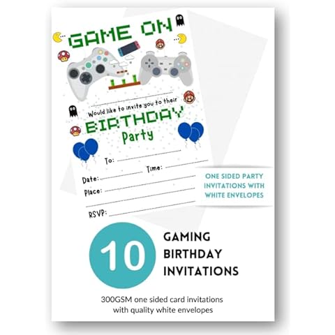 Second Ave 10 Pack Gamer Gaming Birthday Party Invitations Invite With Envelopes For Children Boys or Girls Cover