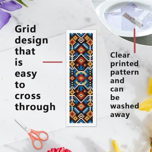 Image of INFUNLY 6PCS Colorful Flower Cross Stitch Bookmark Kit for Adults 8.66 inchx3.15 inch Plaid Flowers Ethnic Embroidery Bookmark Kit Geometric Pattern Counted Cross Stitch Kit with Instruction for Book Lovers