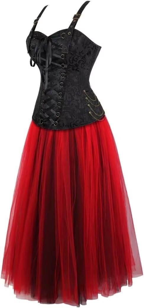 Jutrisujo Steampunk Corset Bustier Top Dress Skirt with Tutu Set Plus Size Vintage Pirate Gothic Costume