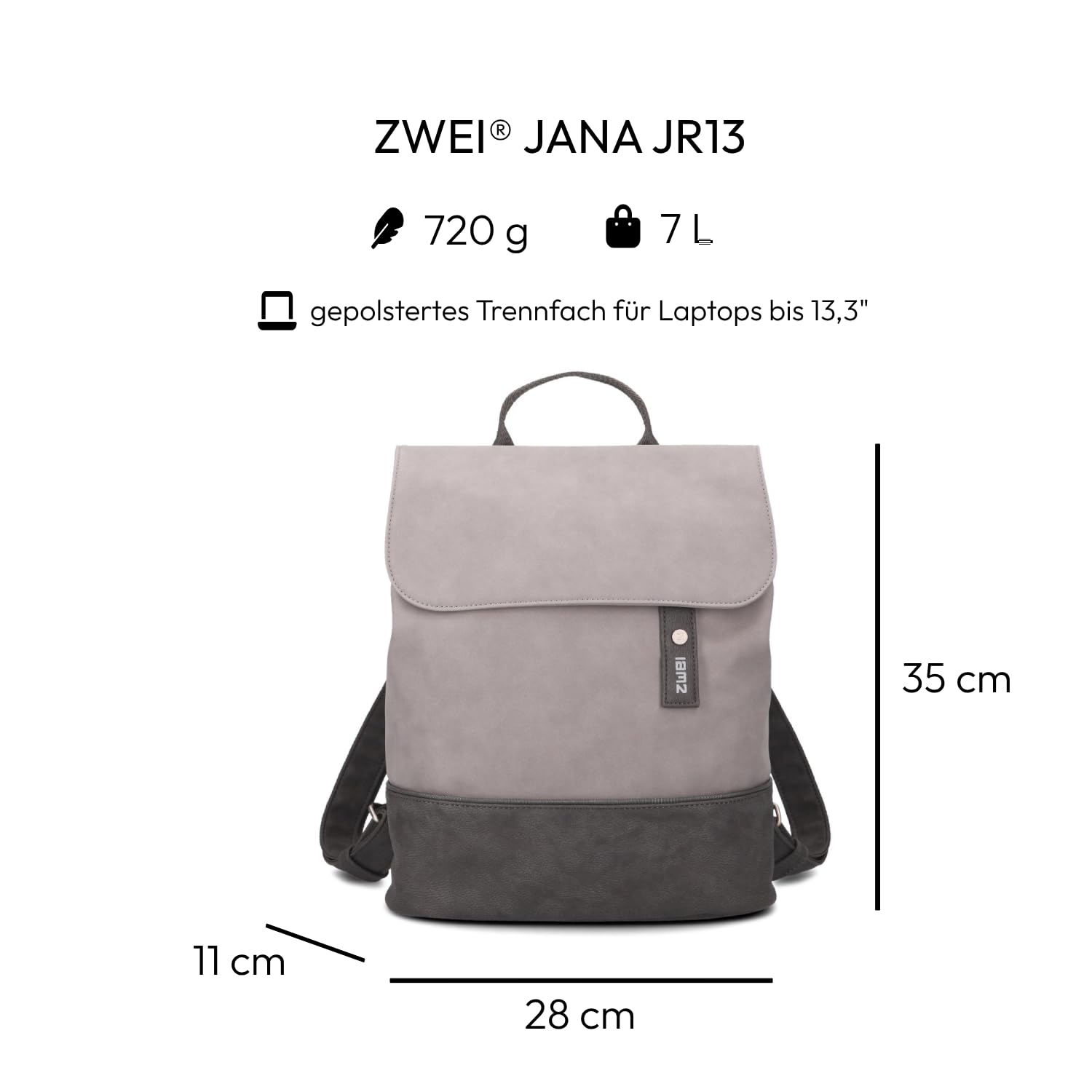 Zwei Jana JR13 damski plecak miejski, 7 litrów, sportowy i elegancki wygląd, dwukolorowy, rozmiar DIN A4, miękka sztuczna skóra, wyściółka na plecach, komora główna z zamkiem błyskawicznym