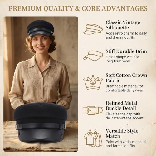 Image of VASANA Chauffeur Hat Classic Vintage Newsboy Cap Peaked Beret Cap Taxi Driver Costumes Hat Captain Sailor Hat