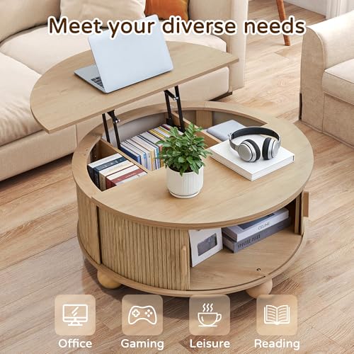 Image of Fluted Round Lift Top Coffee Table with Storage, Boho Circle Coffee Table | 33.5 inch Modern Lift Top Coffee Table with Sliding Door & Solid Wood Legs, Circle Round Center Table for Living Room