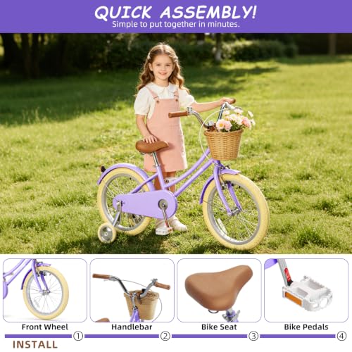 Image of Glaf 12 14 16 18 20 24 Inch Girls Bike with Training Wheels /Kickstand Kids Bike for 2-15 Years Old Toddler Girls Bicycle with Basket, Beach Cruiser Girls Bike