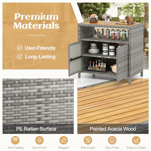 Image of Tangkula Rattan Outdoor Storage Cabinet, Patiojoy Outdoor Cabinet with Acacia Wood Countertop, Open Compartment, 2-Door Wicker Sideboard, Outdoor Bar for Patio Garden Backyard Poolside (Mix Grey)